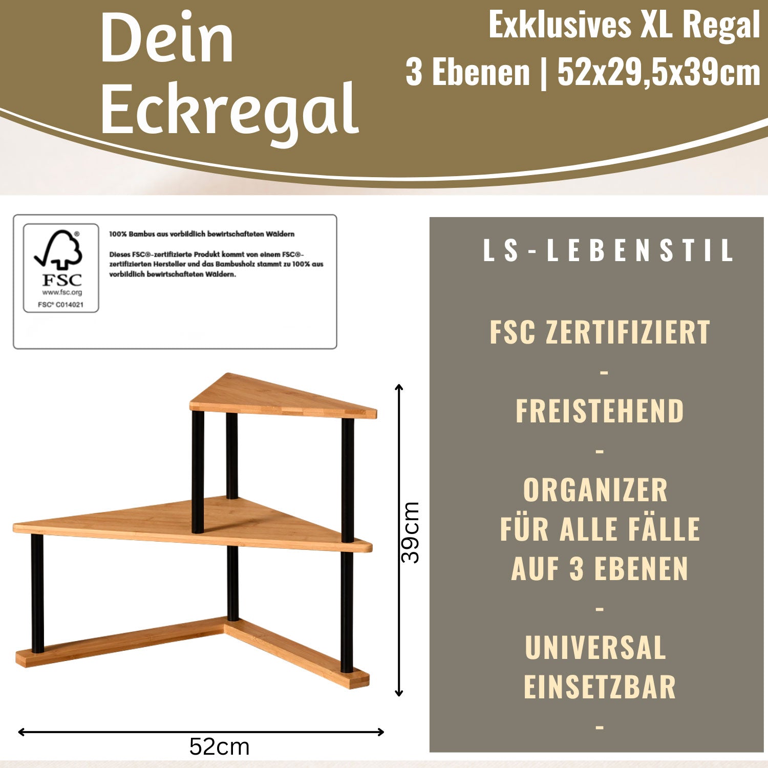 LS-LebenStil Küche & Haushalt Holz Küchenregal Eckregal 39x52cm