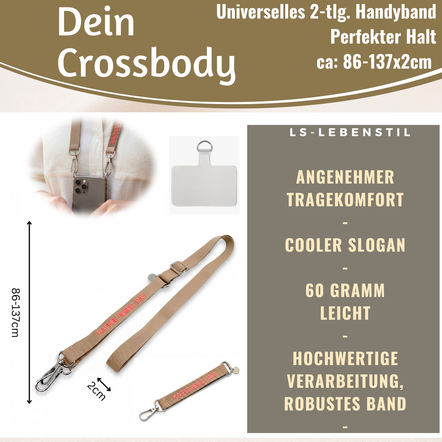 LS-LebenStil Handykette Kaffee regelt taupe pink 137 cm