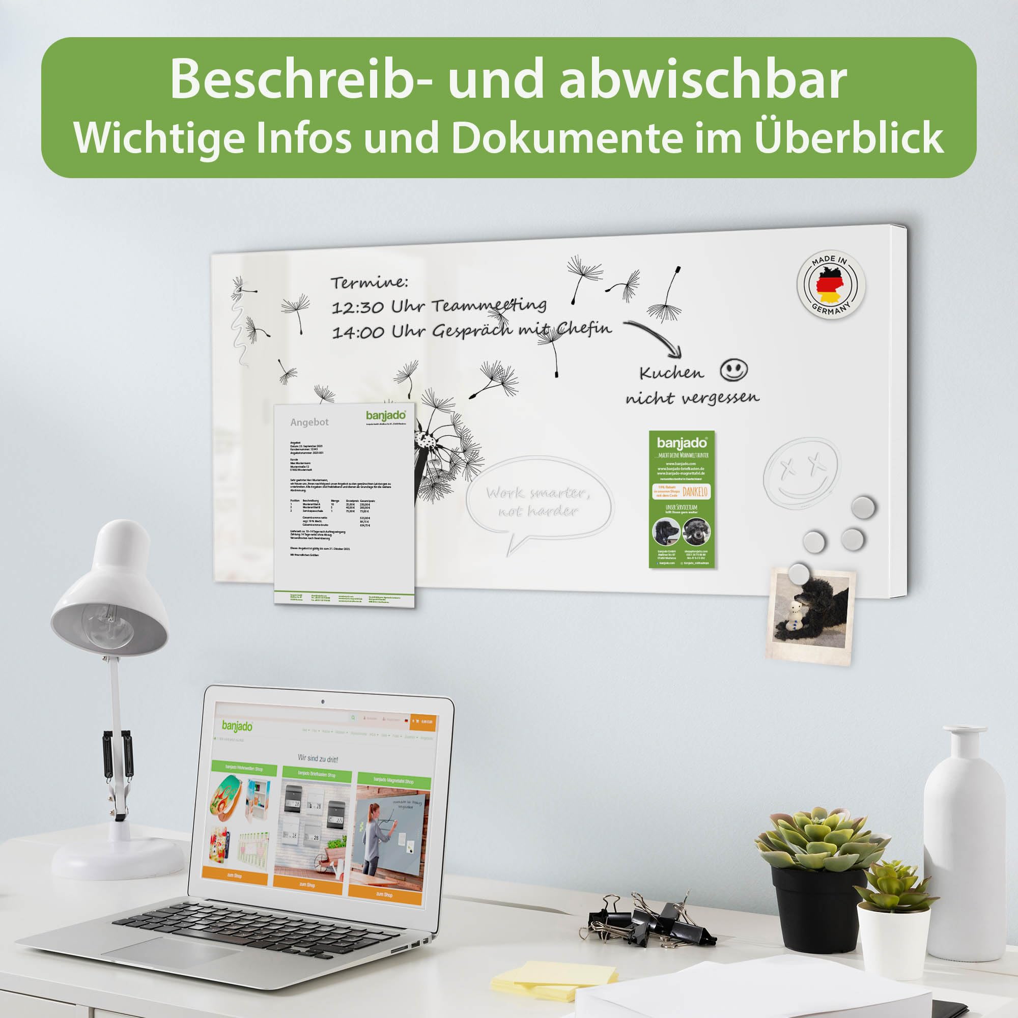 Banjado Magnettafel Pusteblume 2 78x37 cm Metall Weiß
