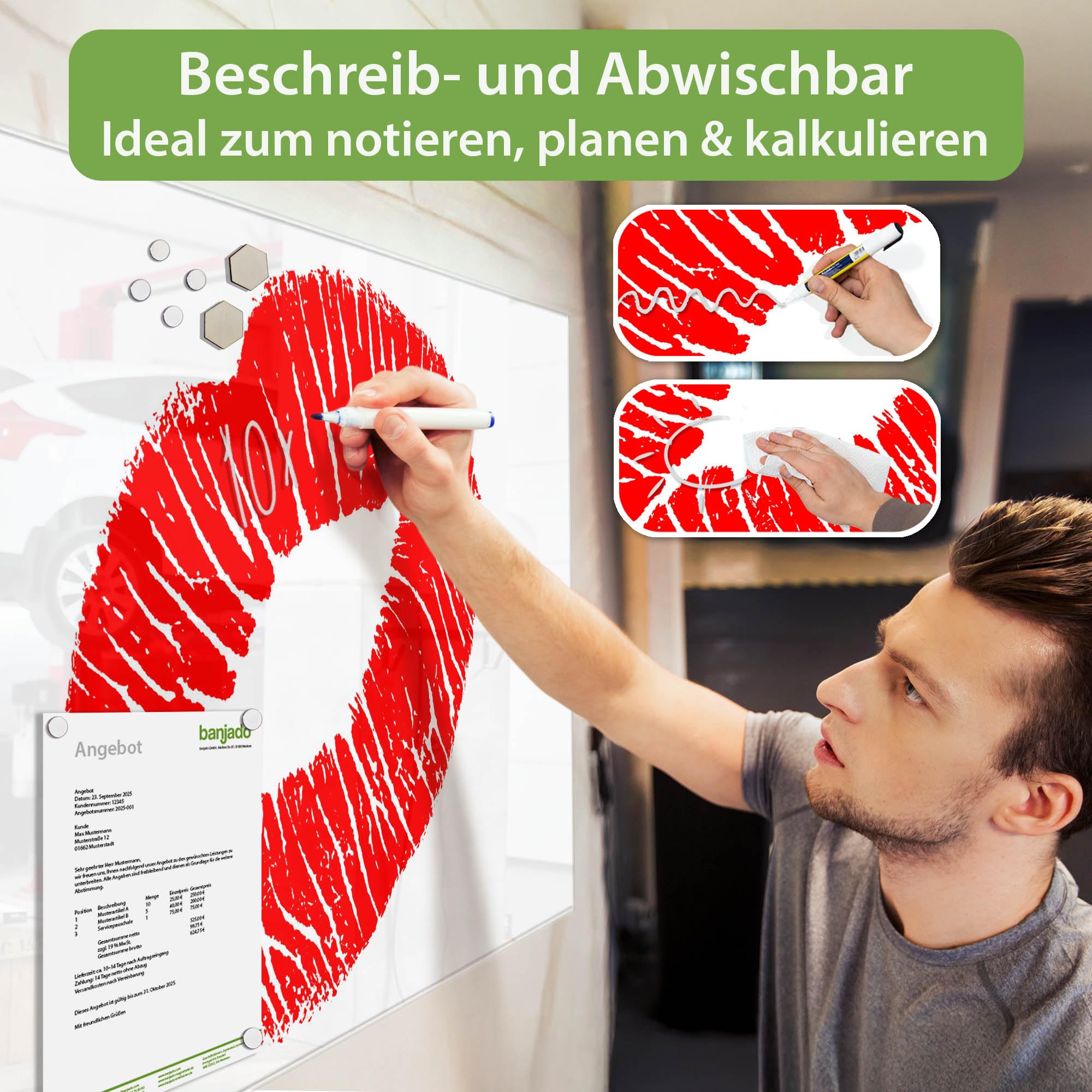 Banjado Magnettafel Kussmund Glas-Magnettafel 120x80 cm Herz