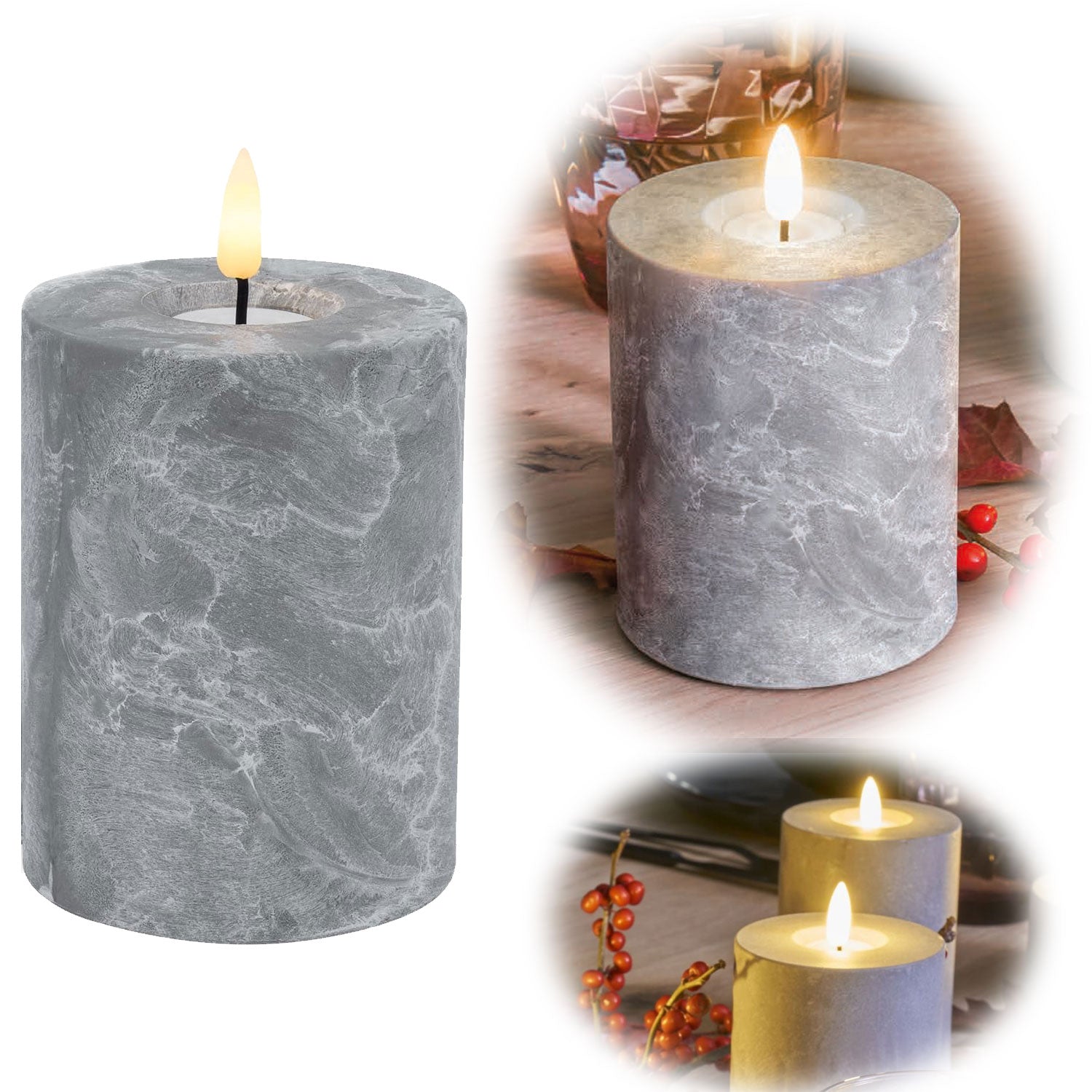 LS-LebenStil Möbel & Wohnen LED-Kerze 10x8 cm Grau Beton