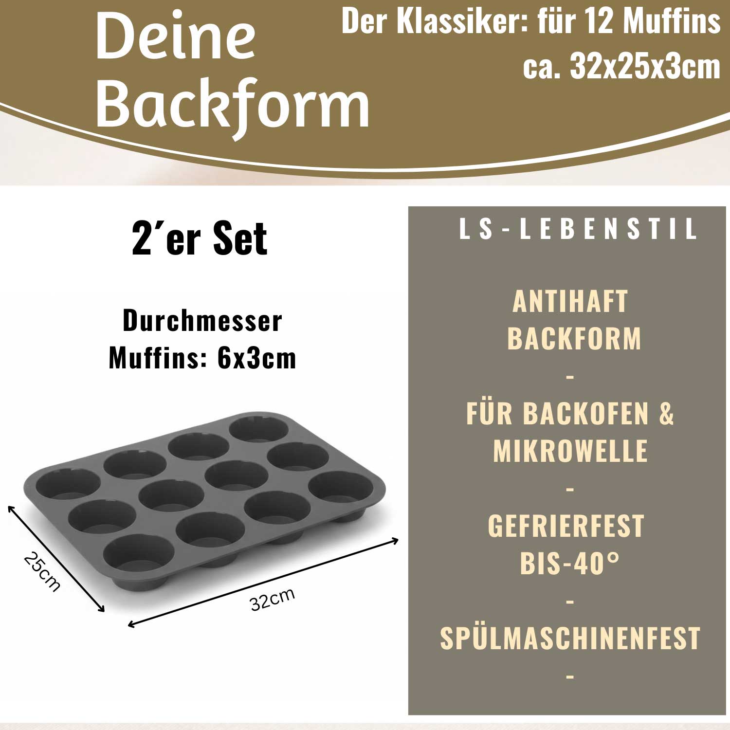LS-LebenStil Muffinform Silikon 2er Set 12 Muffins 33x25cm