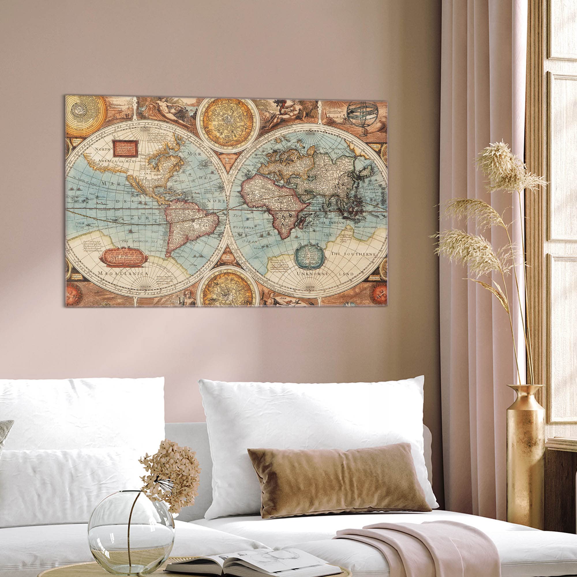 Banjado LED-Bild Historische Weltkarte Glasbild 75x50 cm Wohnzimmer
