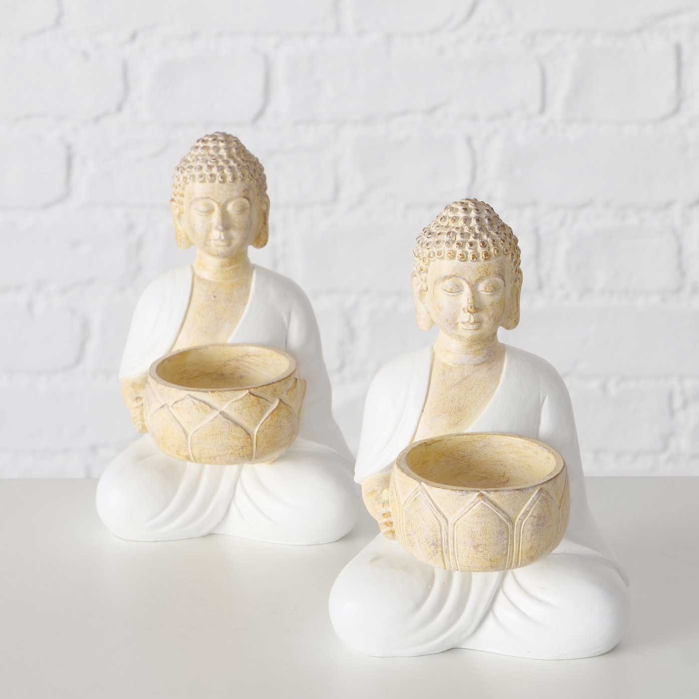 LS-LebenStil Buddha Teelichthalter 2er-Set Beige Weiß 15cm