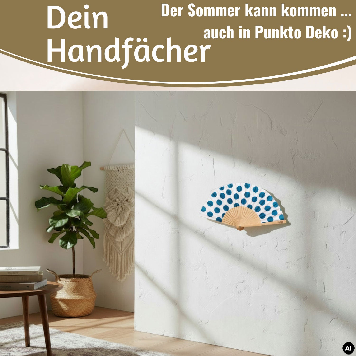 LS-LebenStil Handfächer Holz Stoff Punkte Weiß Blau faltbar