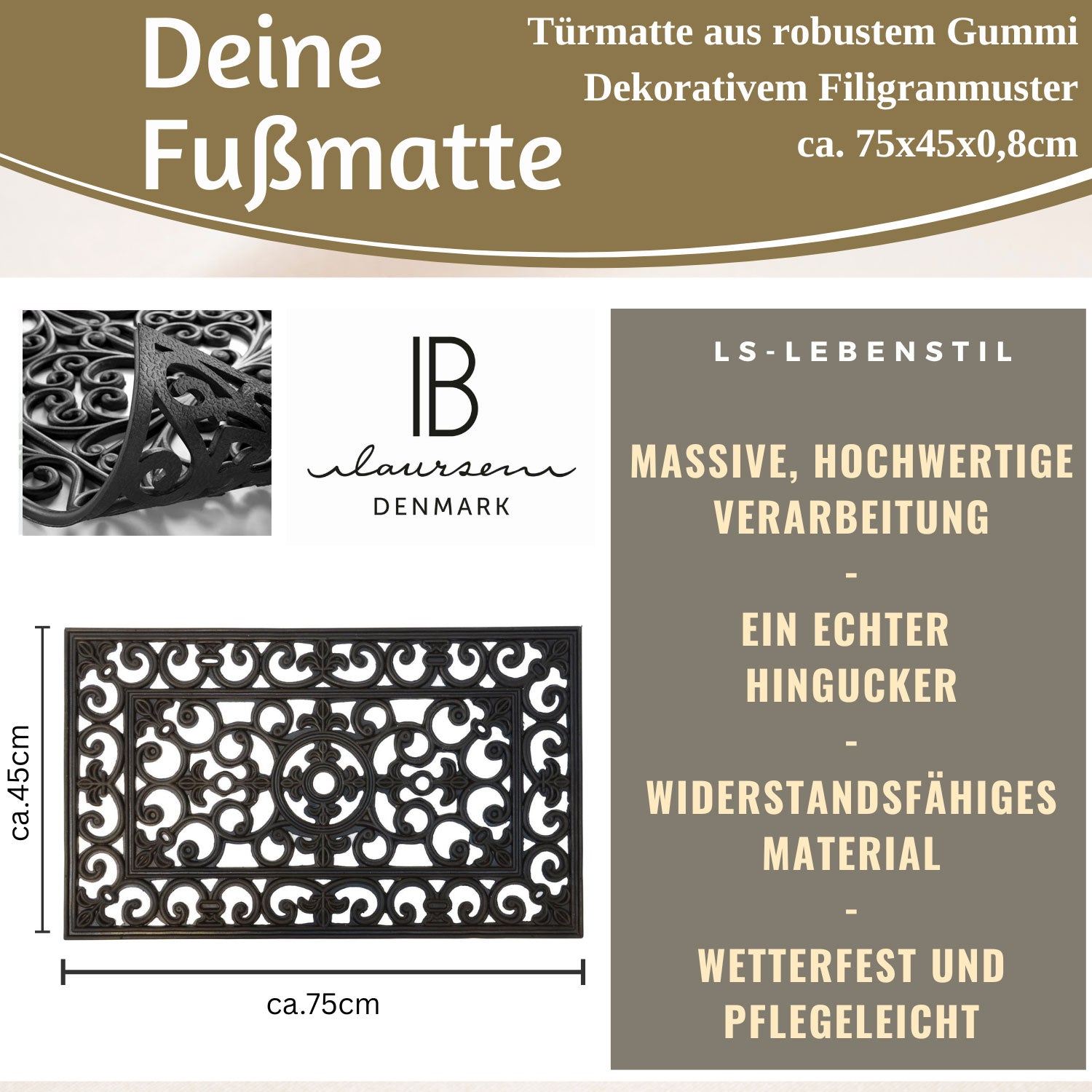 LS-LebenStil Möbel & Wohnen Türmatte Gummi Filigran 75x45cm Schwarz
