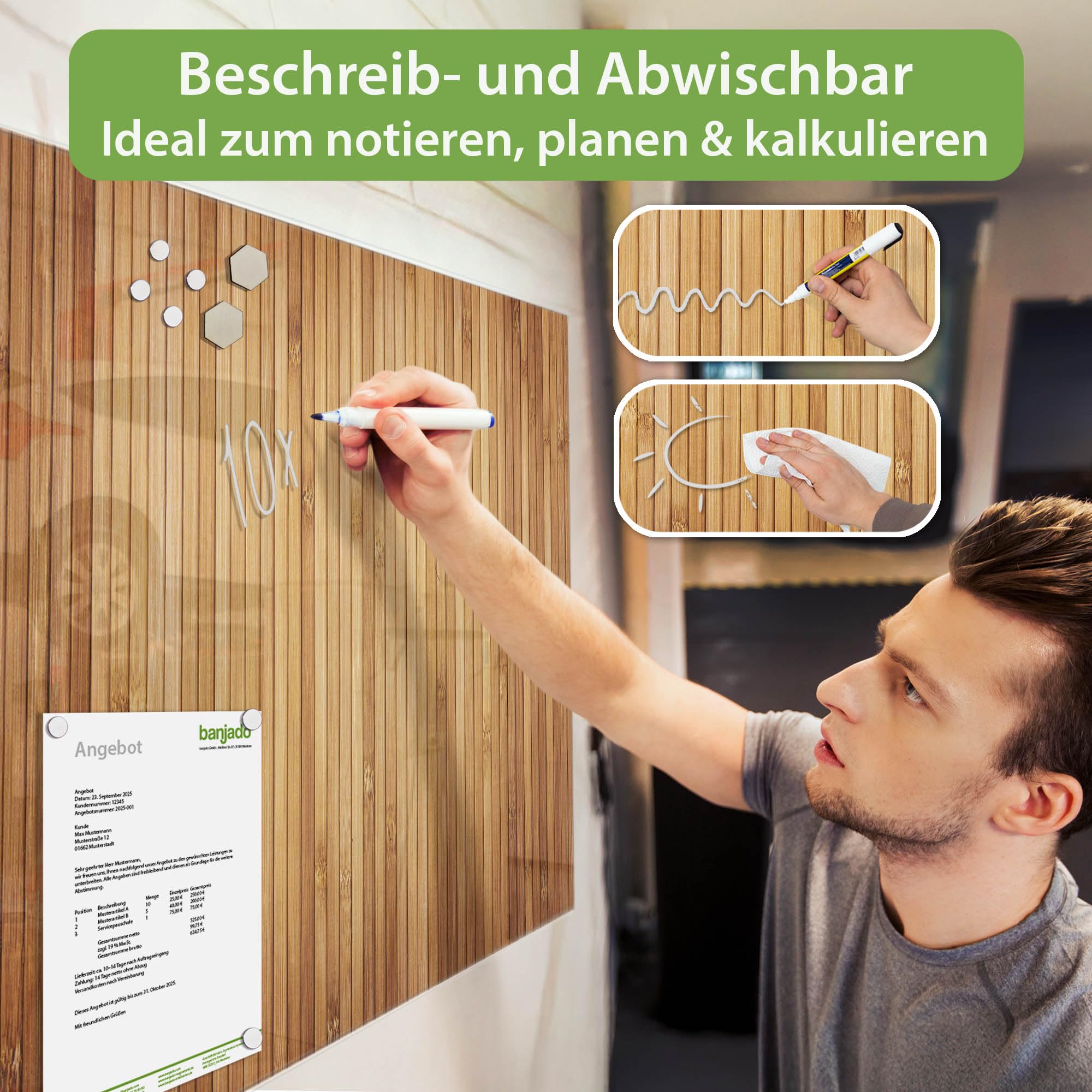 Banjado Magnettafel Bambusholz Magnetboard Glas 120x80 cm