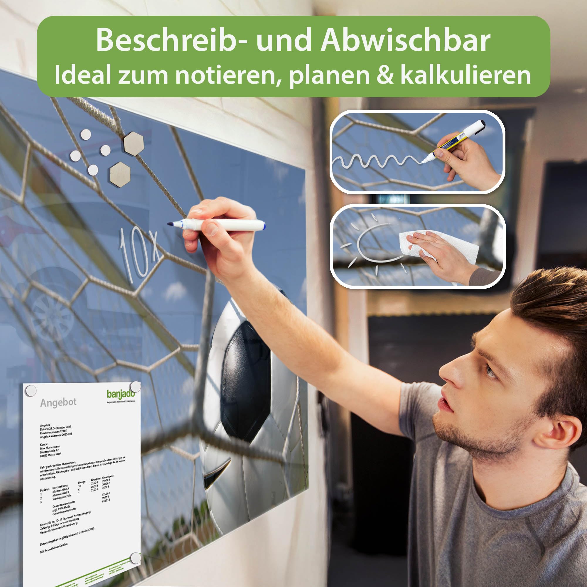 Banjado Magnettafel Fußball Magnettafel 80x120 cm Glas