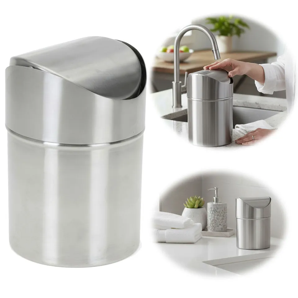 LS-LebenStil Mini Papierkorb Edelstahl Silber 12x16cm Schwingdeckel
