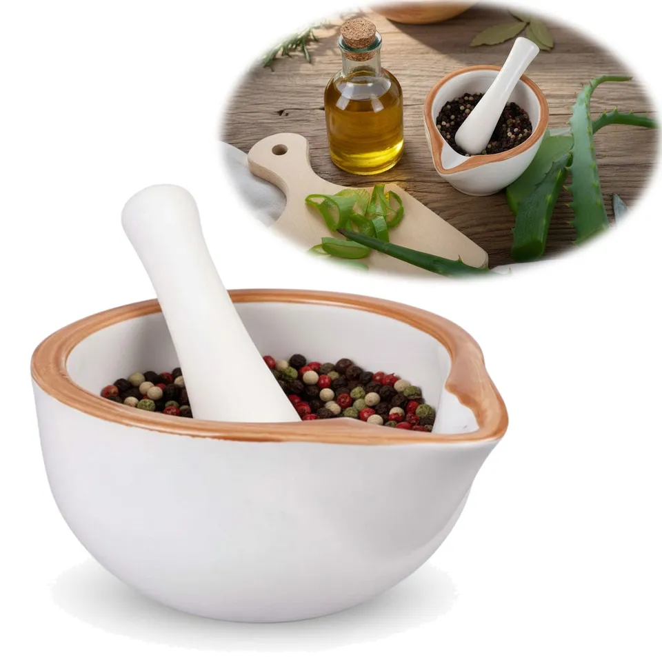 LS-LebenStil Küche & Haushalt Keramik Mörser Braun-Weiß 12cm Gewürz