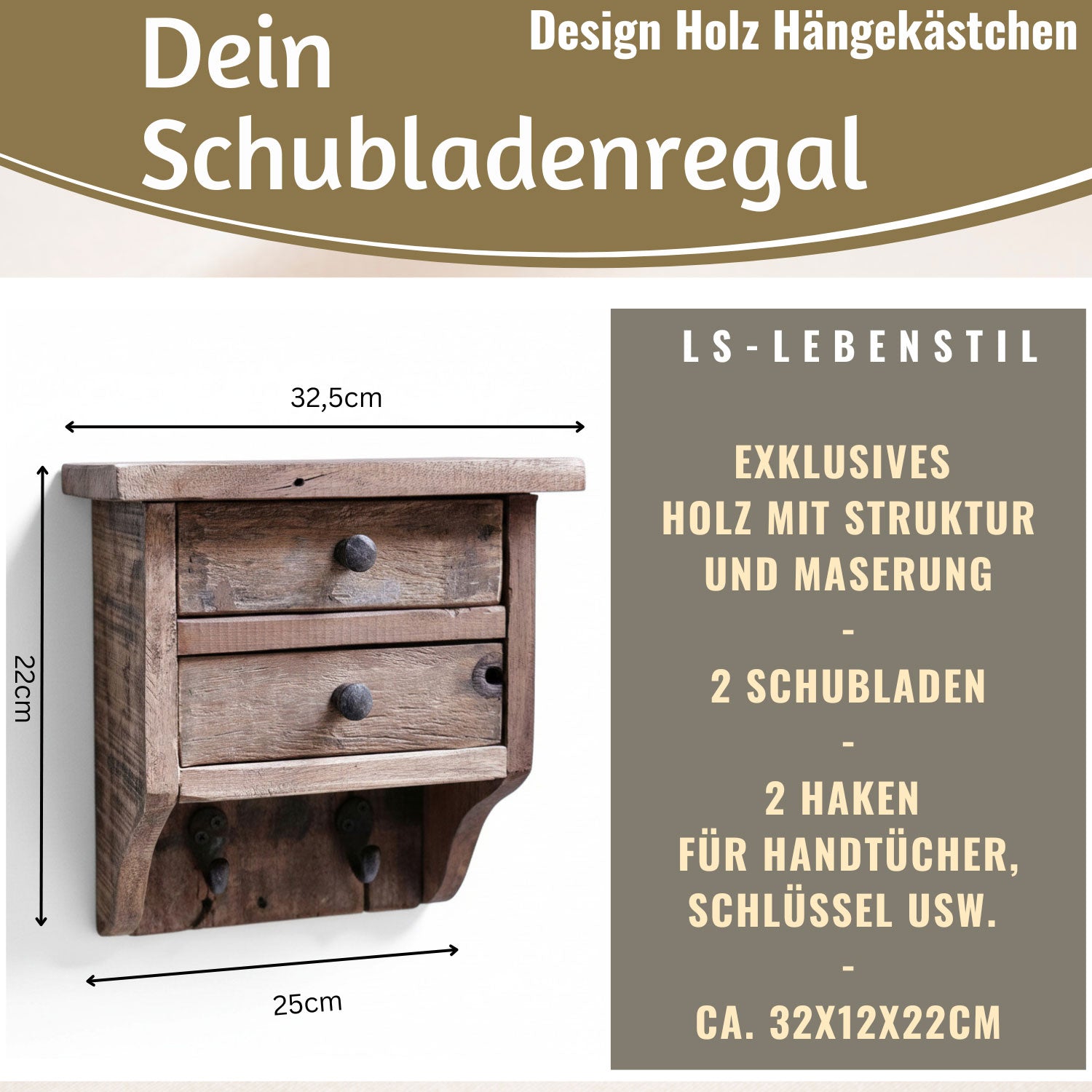 LS-LebenStil Dehli Wandregal Holz 25cm mit 2 Haken Braun