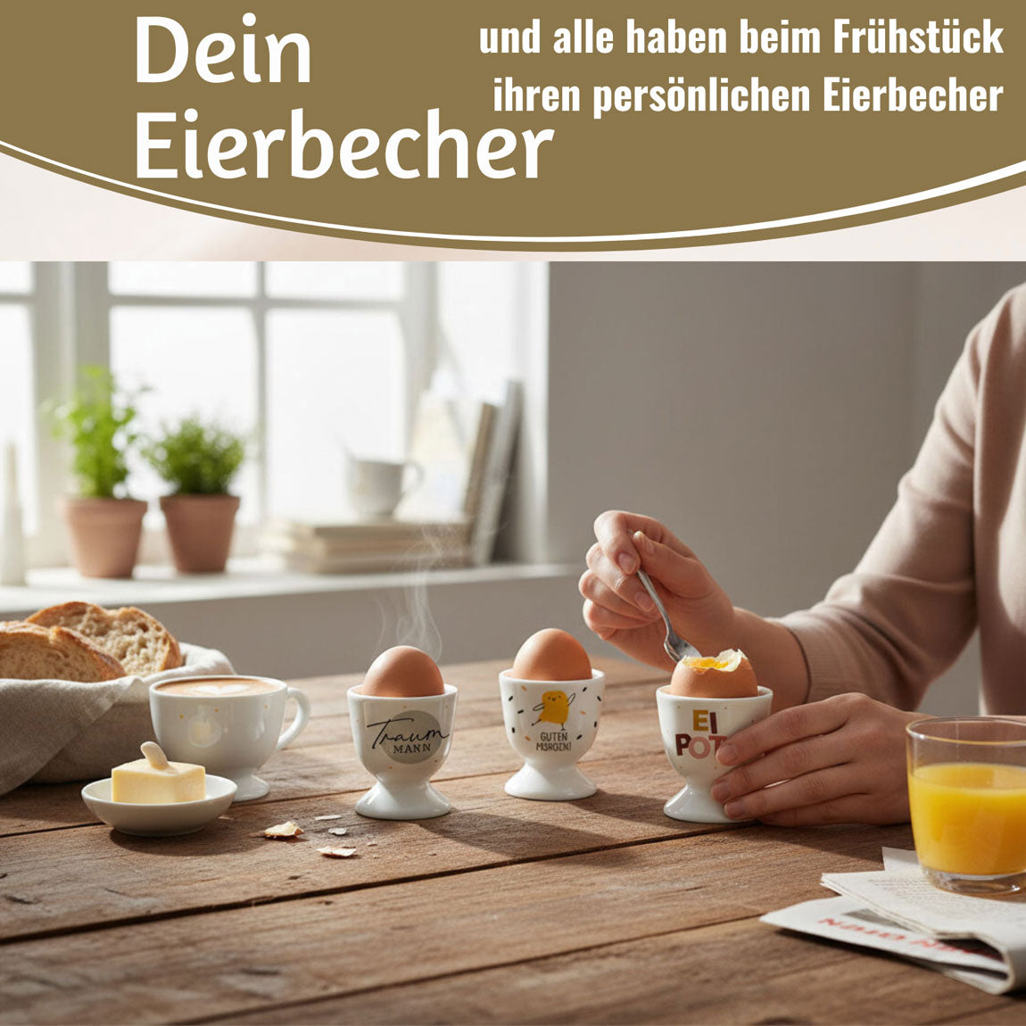 LS-LebenStil Küche & Haushalt Guten Morgen Eierbecher Porzellan Echt-Gold