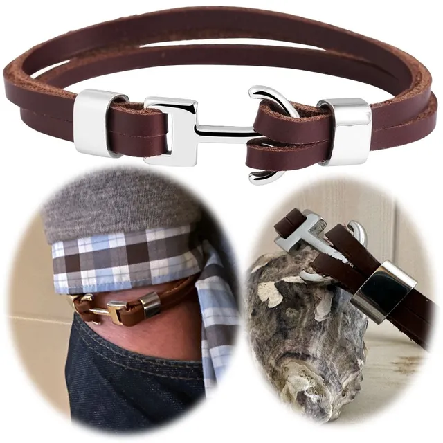 LS-LebenStil List Lederarmband Anker Braun Silber 23cm Echtleder