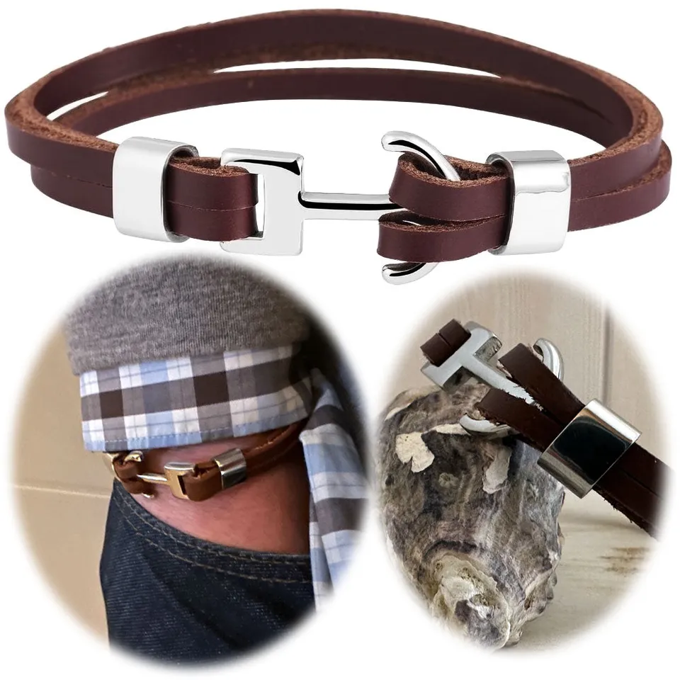 LS-LebenStil List Lederarmband Anker Braun Silber 23cm Echtleder