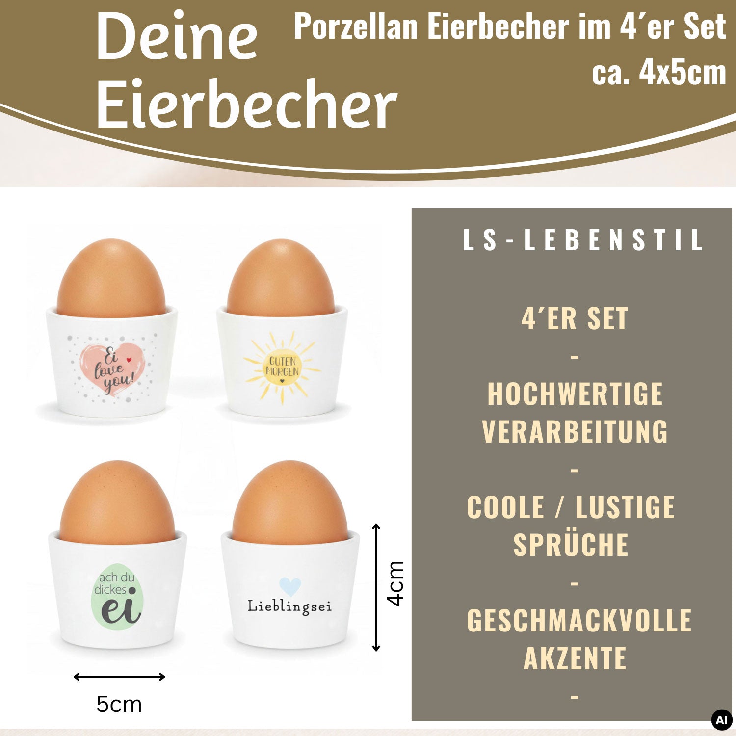LS-LebenStil Eierbecher Porzellan 4er Set Sprüche Gute Laune
