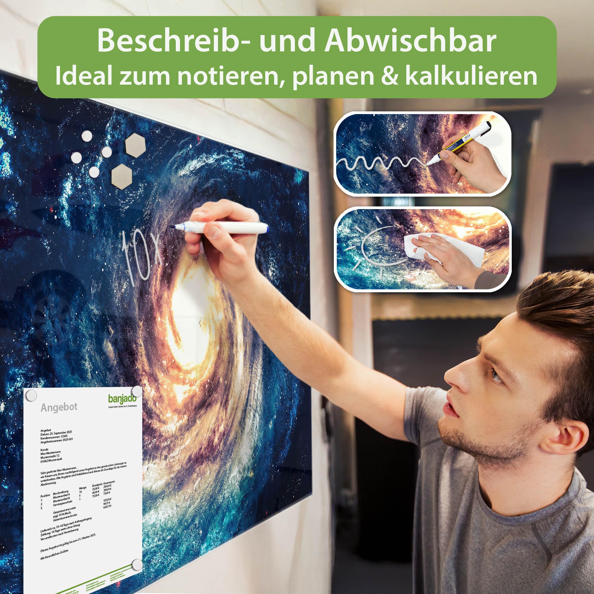 Banjado Magnettafel Sternenwirbel Glas 120x80 cm magnetisch
