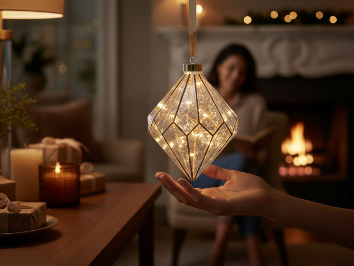 LS-LebenStil Kampen Lichtkugel Glas Gold 15 LED 16cm Timer