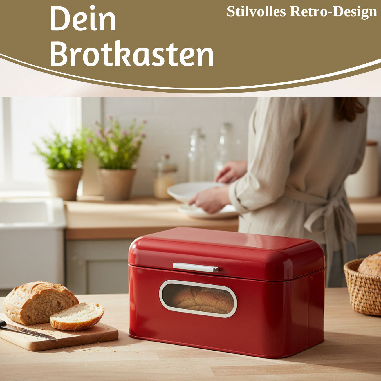 LS-LebenStil Vintage Brotkasten Rot Metall 30cm mit Deckel