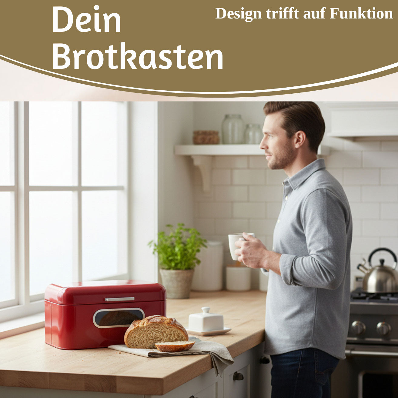 LS-LebenStil Vintage Brotkasten Rot Metall 30cm mit Deckel