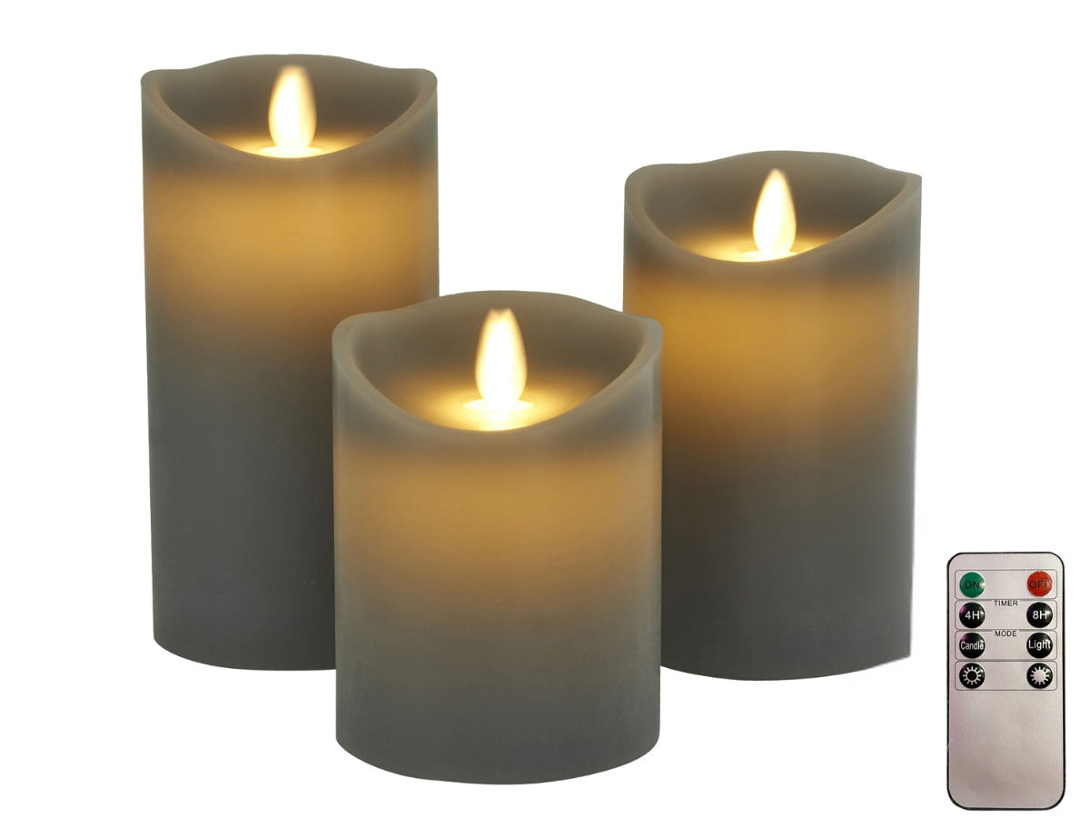 LS-LebenStil Möbel & Wohnen LED Stumpenkerze Grau 3er Set Timer
