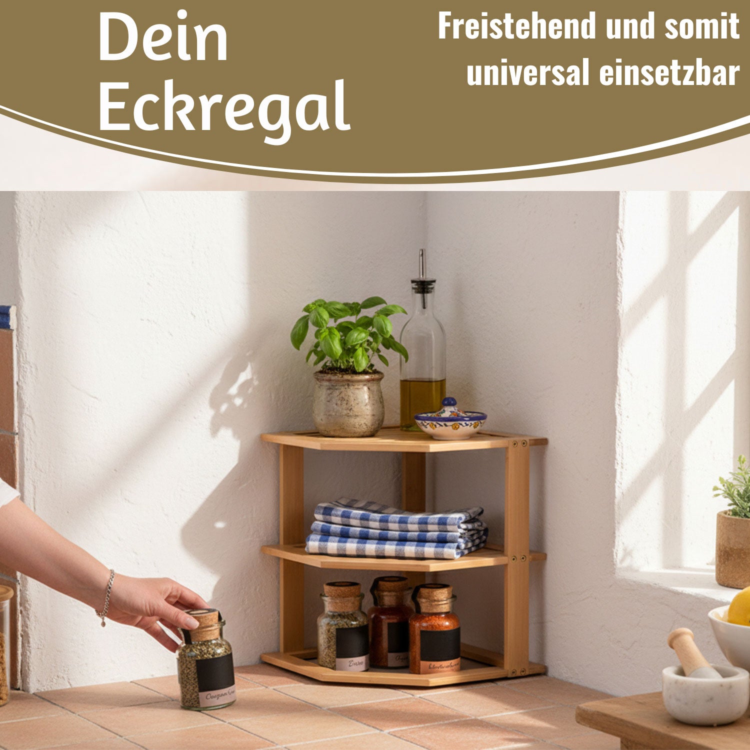 LS-LebenStil Küche & Haushalt Eckregal Bambus 27x25cm 3 Ablagen