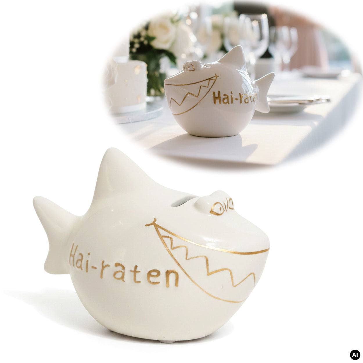 LS-LebenStil Möbel & Wohnen Hai-Raten Sparschwein Weiß Gold Keramik