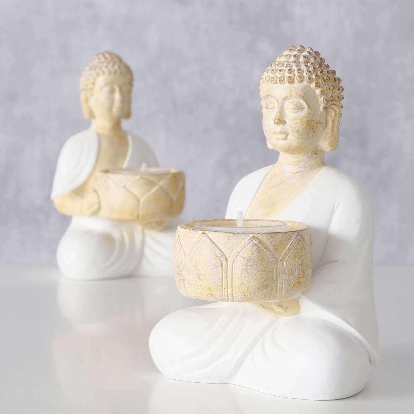 LS-LebenStil Buddha Teelichthalter 2er-Set Beige Weiß 15cm