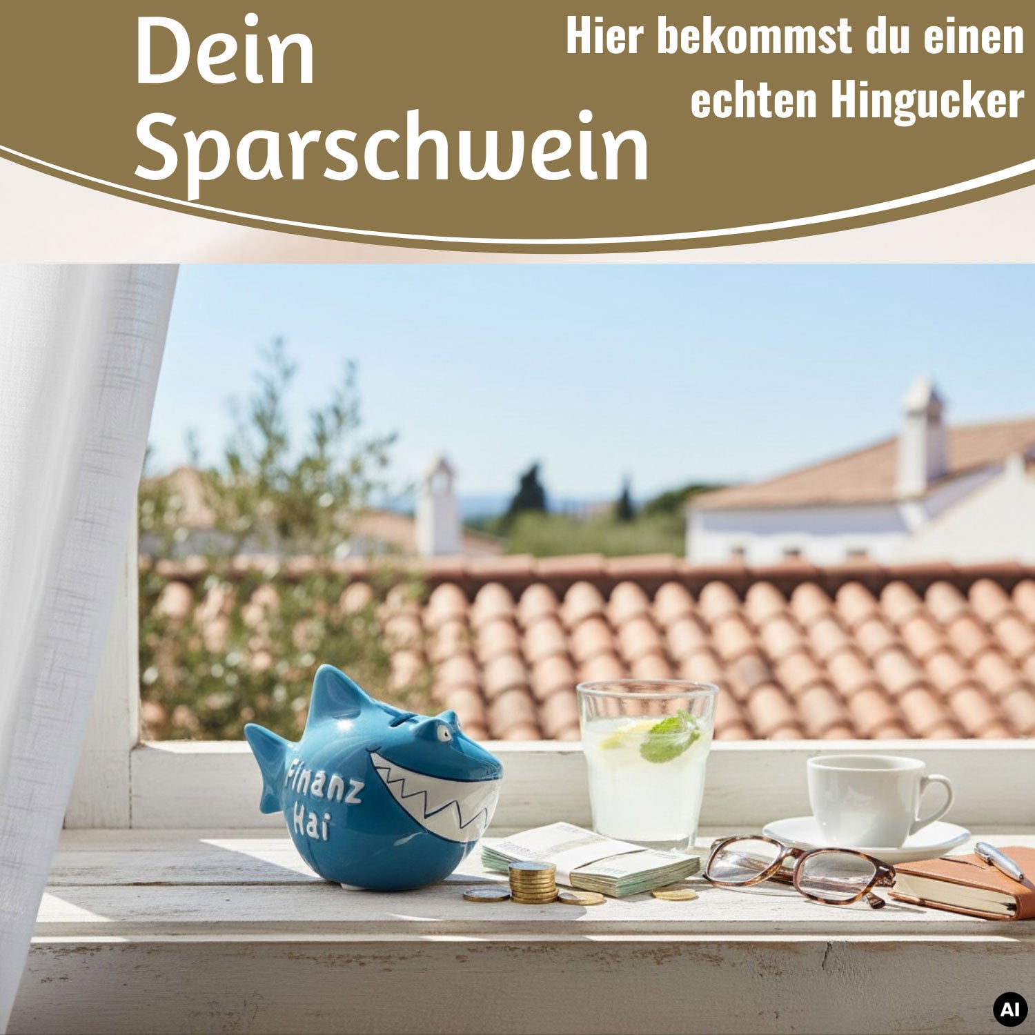 LS-LebenStil Finanz-Hai Sparschwein Keramik blau-weiß 13cm