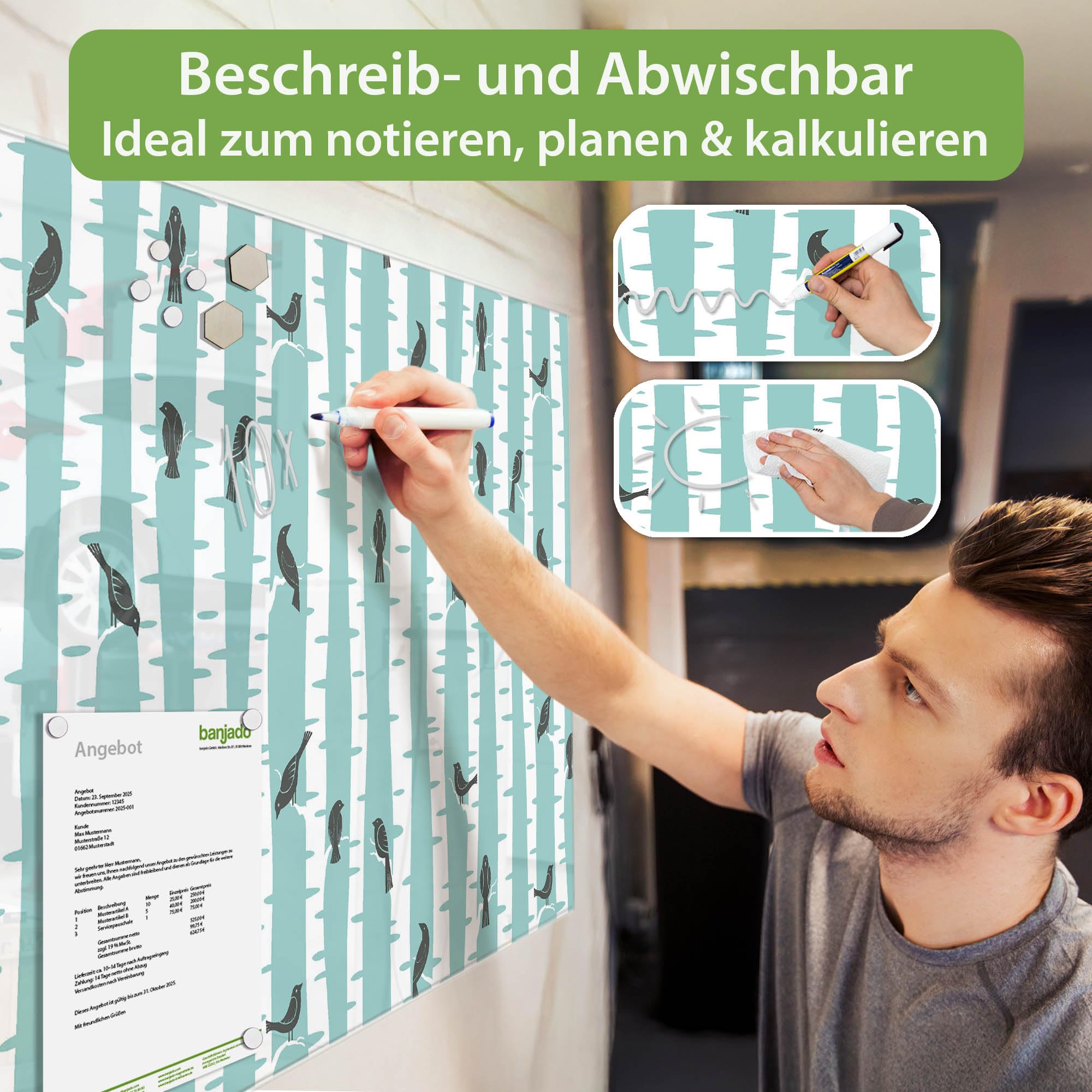Banjado Magnettafel Stare und Birken Magnetboard 120x80 Vogel