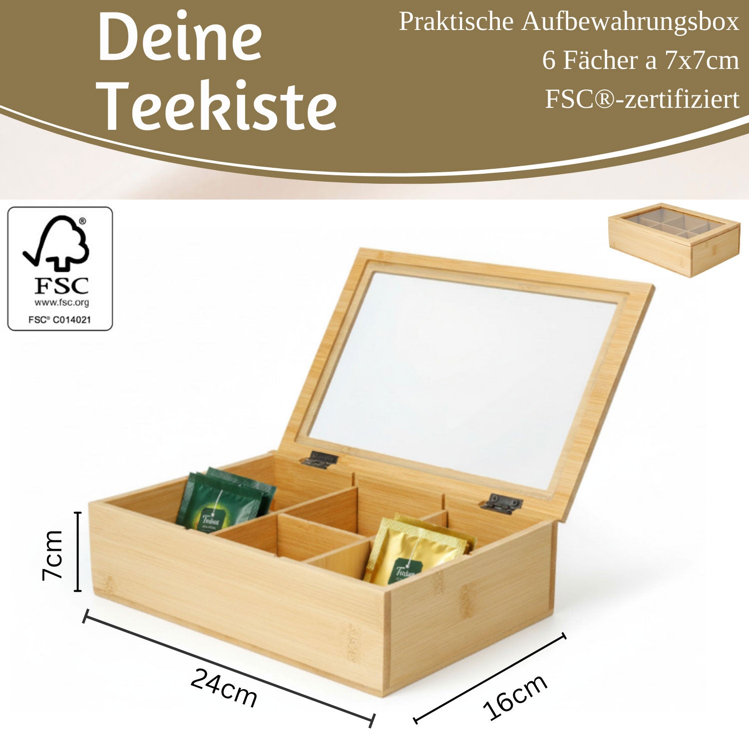 LS-LebenStil Teebox Bambus Holzbox 6 Fächer mit Deckel