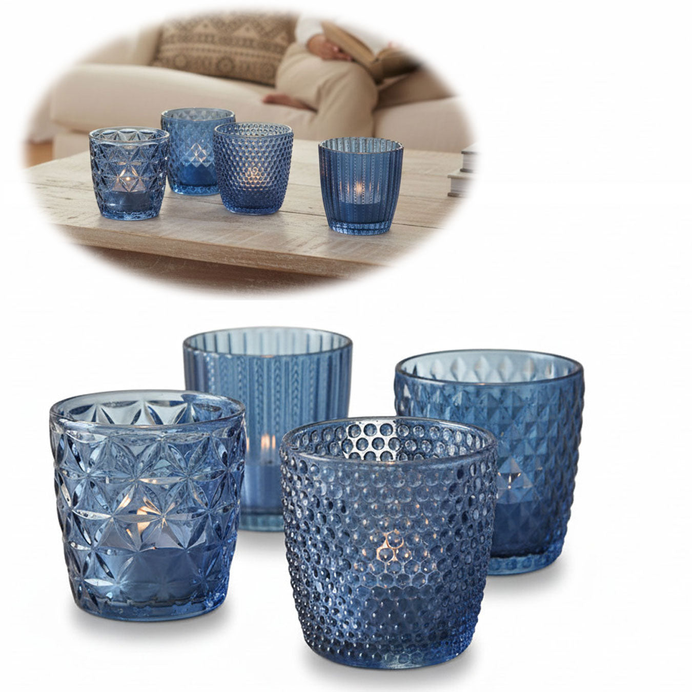 LS-LebenStil Küche & Haushalt 4er Teelichthalter Glas Retro Blau 7cm