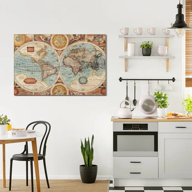 Banjado LED-Bild Historische Weltkarte Glasbild 75x50 cm Wohnzimmer