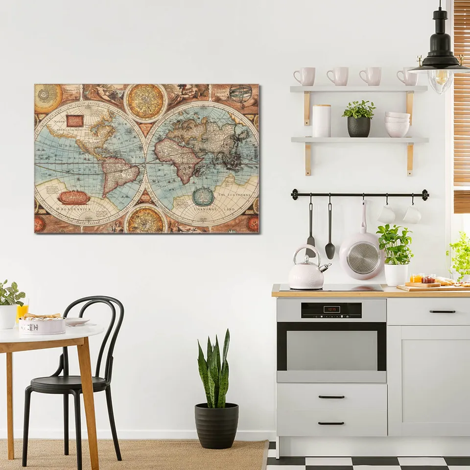 Banjado LED-Bild Historische Weltkarte Glasbild 75x50 cm Wohnzimmer