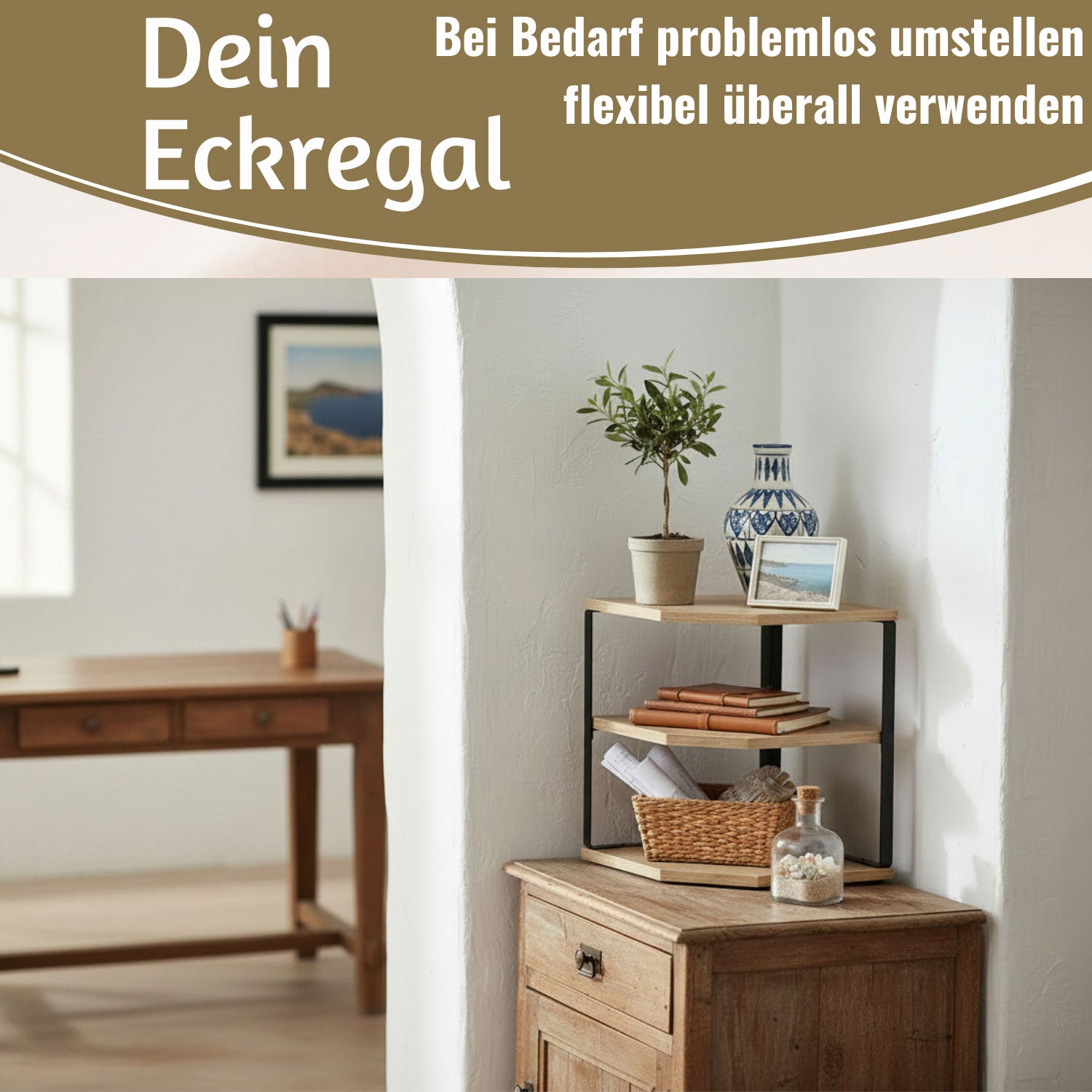 LS-LebenStil Eckregal Holz Metall 27x25cm 3 Ablagen