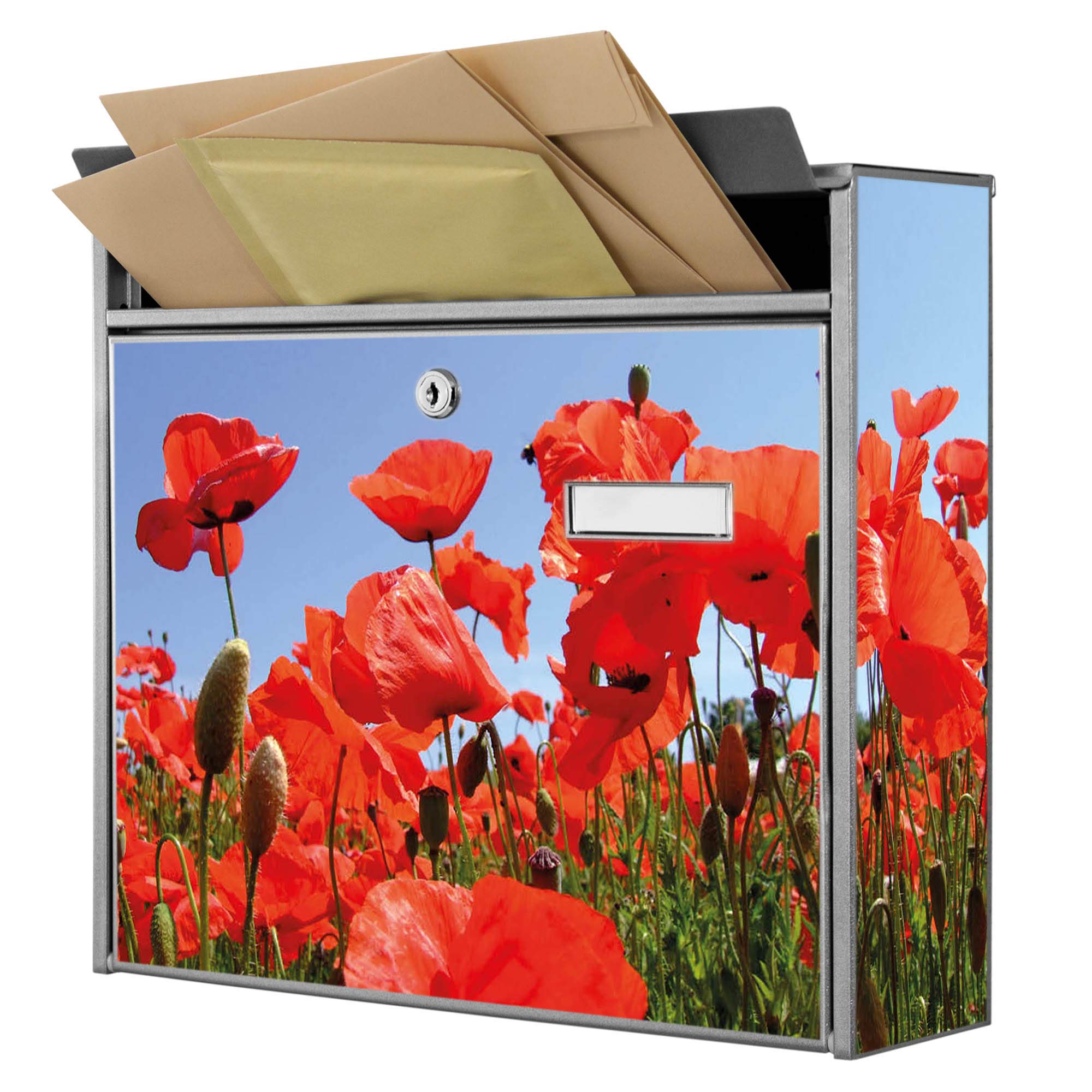 Banjado Briefkasten Mohnblumen Silbergrau Stahl 32x36 A4