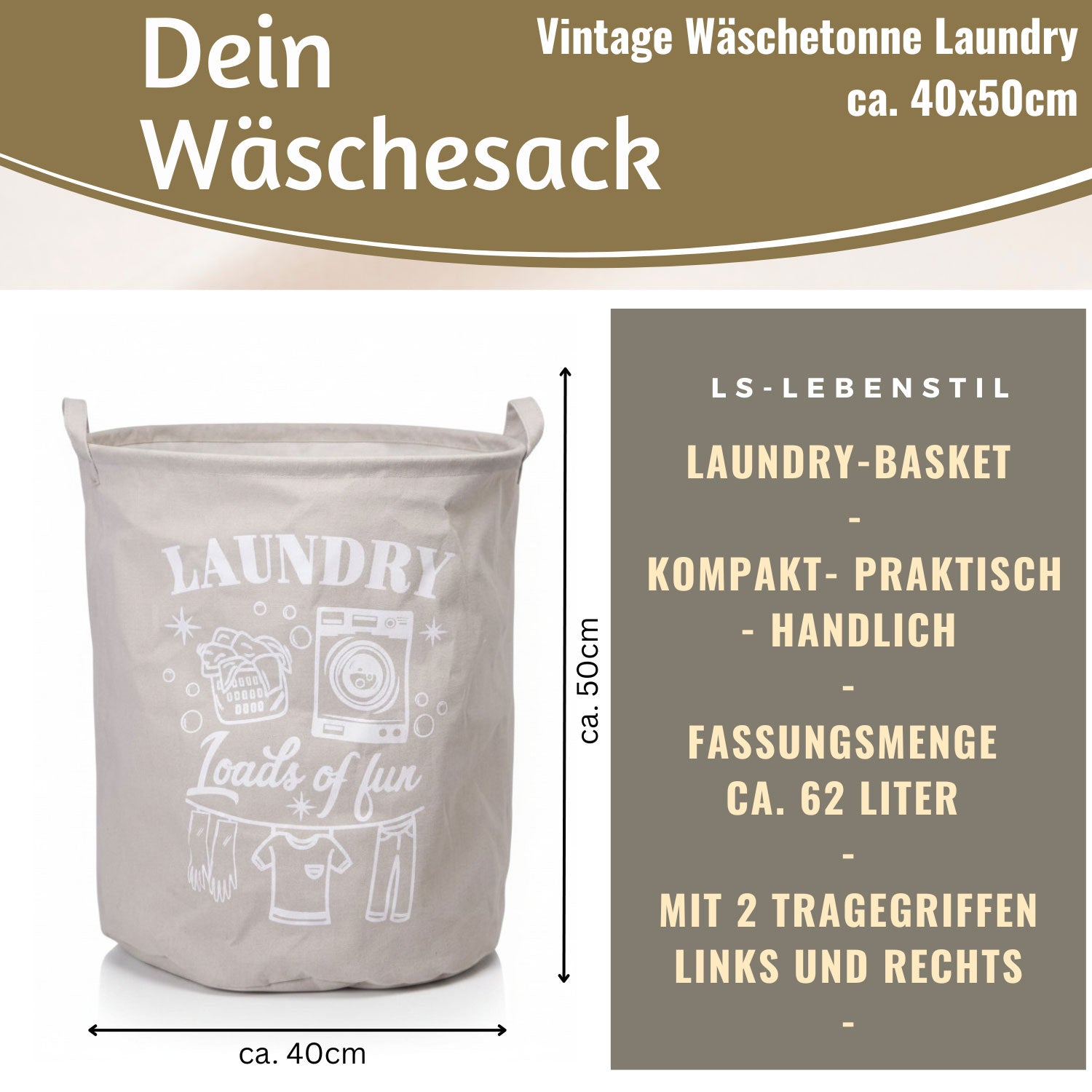LS-LebenStil Laundry Wäschesack Grau Hell 50cm 62L faltbar