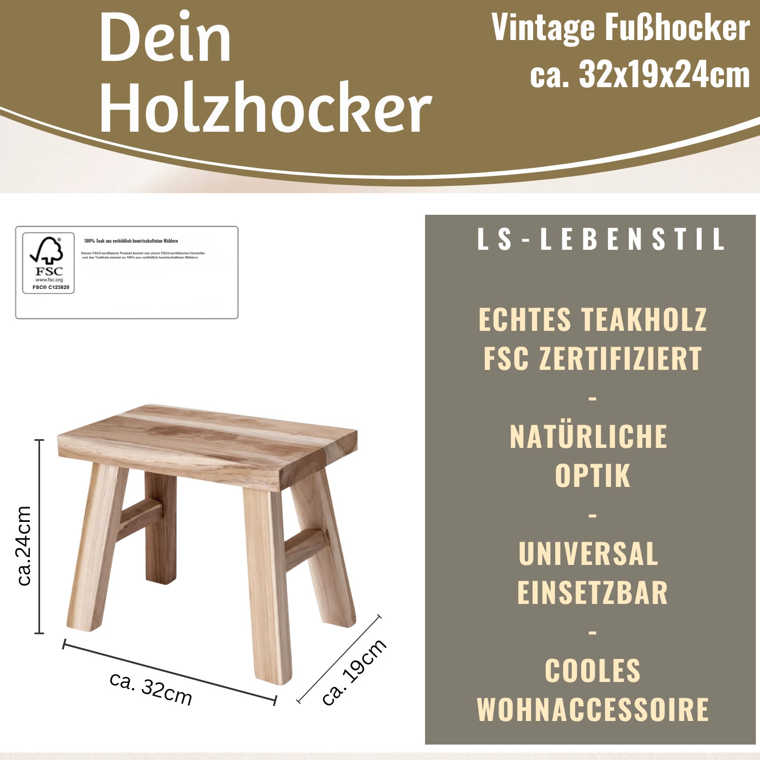 LS-LebenStil Vintage Holz Fußhocker Braun 24cm Teak