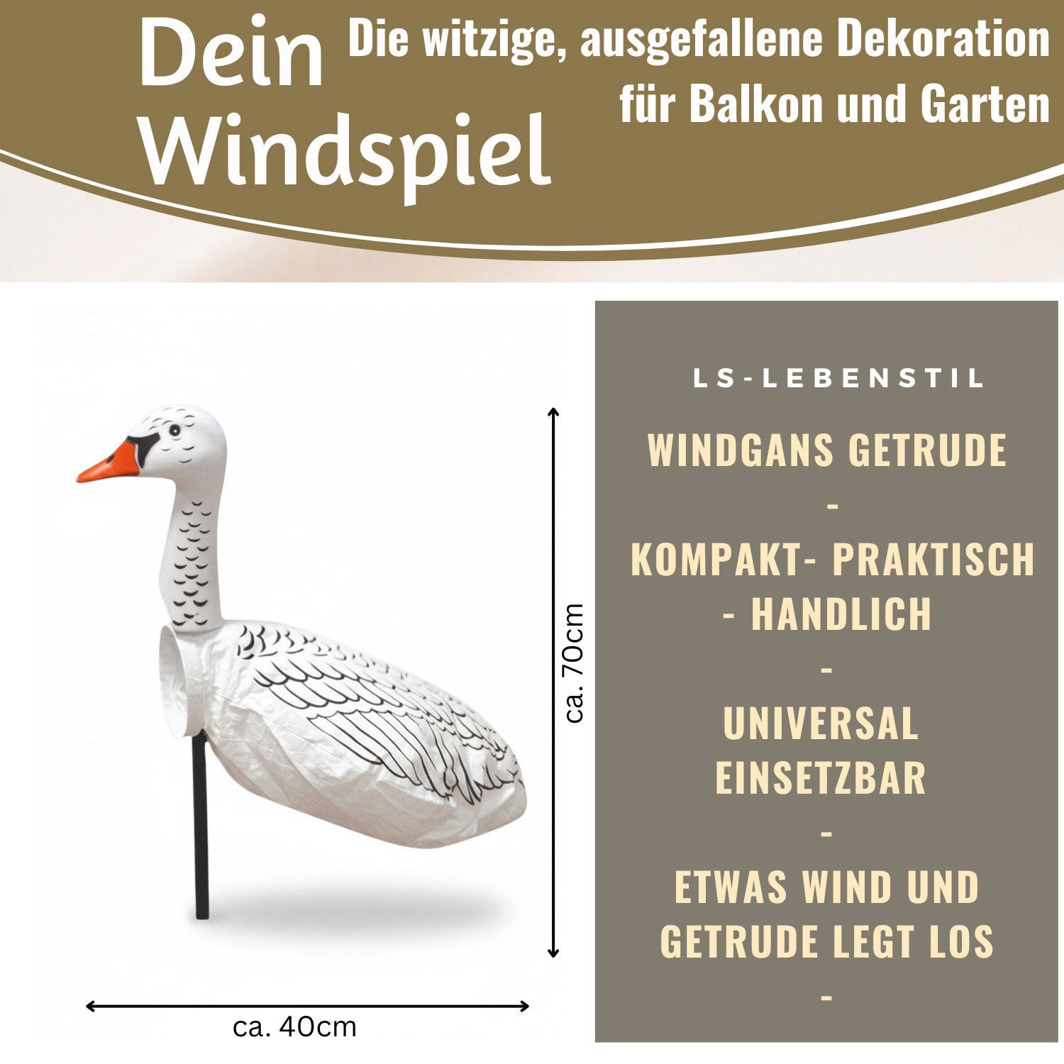 LS-LebenStil Garten & Camping Windgans Gertrude 70 cm