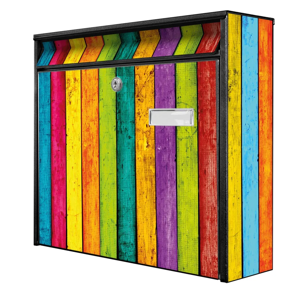 Banjado Briefkasten Bunte Holzlatten Schwarz A4 ohne Zeitungsfach