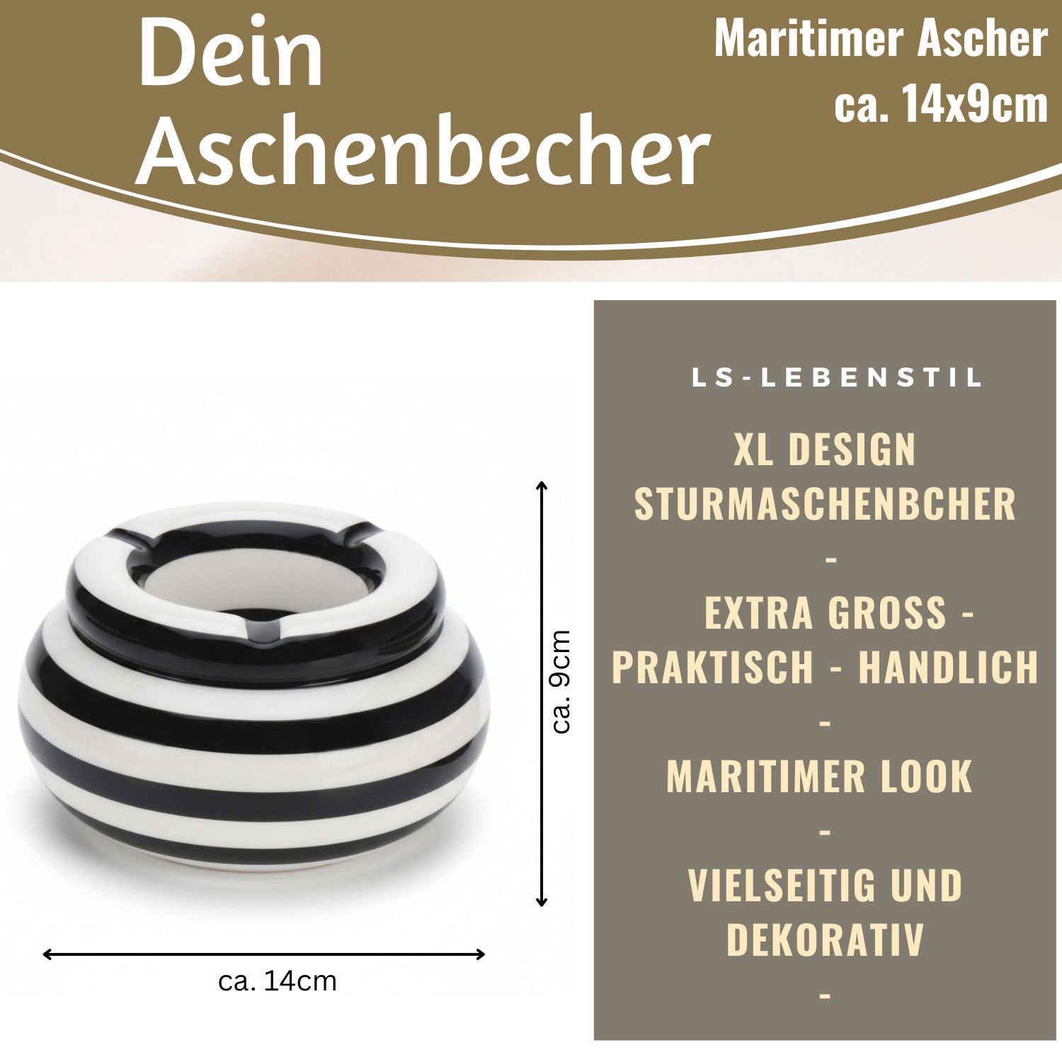 LS-LebenStil Sturmaschenbecher XL 14x9cm Schwarz-Weiß Keramik