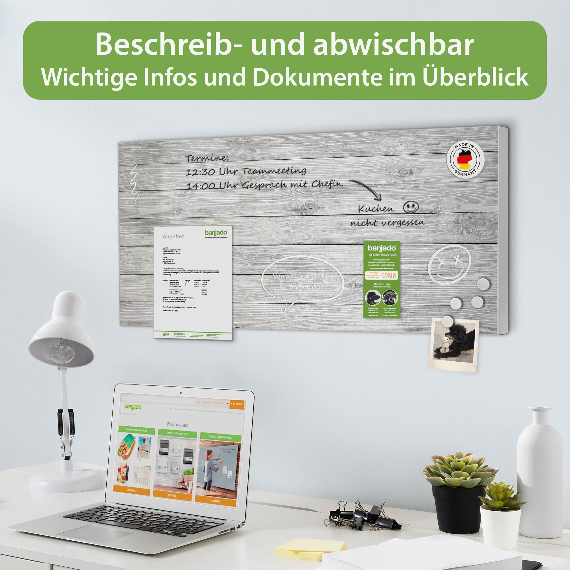 Banjado Magnettafel Weiß Gebeizt Metall 78x37 cm beschreibbar
