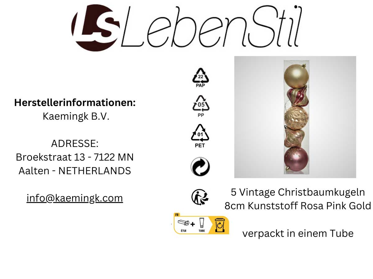 LS-LebenStil Vintage Weihnachtskugeln Rosa-Gold 5 Stück 8cm