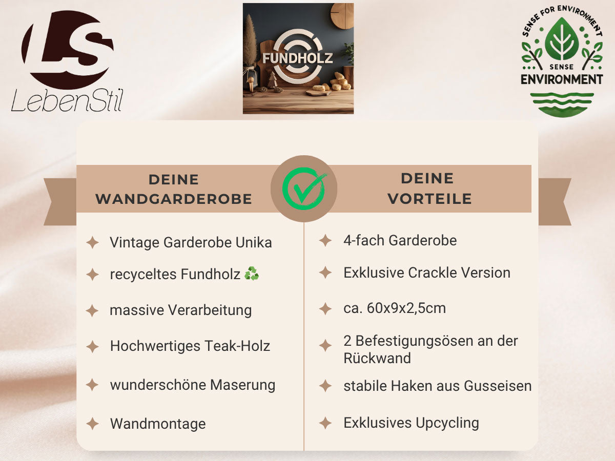 LS-LebenStil Dehli Wandgarderobe Teak Weiß 60cm 4 Haken