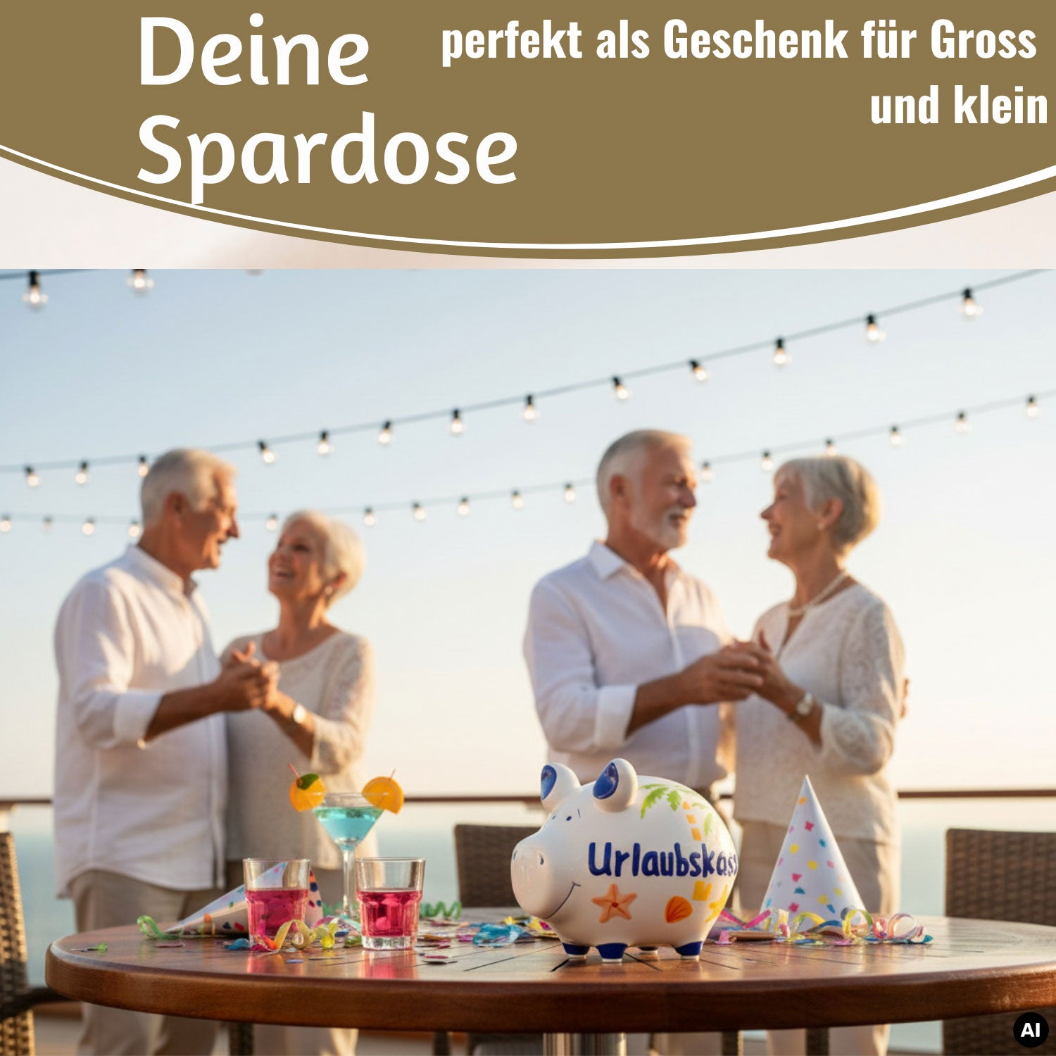 LS-LebenStil Sparschwein Urlaubskasse Keramik weiß-blau