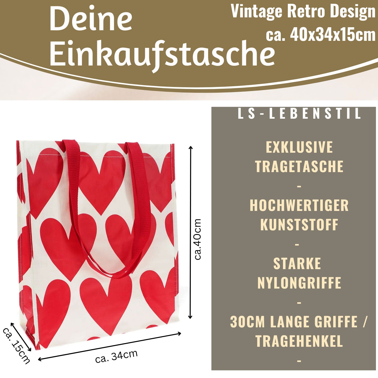 LS-LebenStil Retro Shopper Herzen Rot-Weiß 40x34x15cm Faltbar