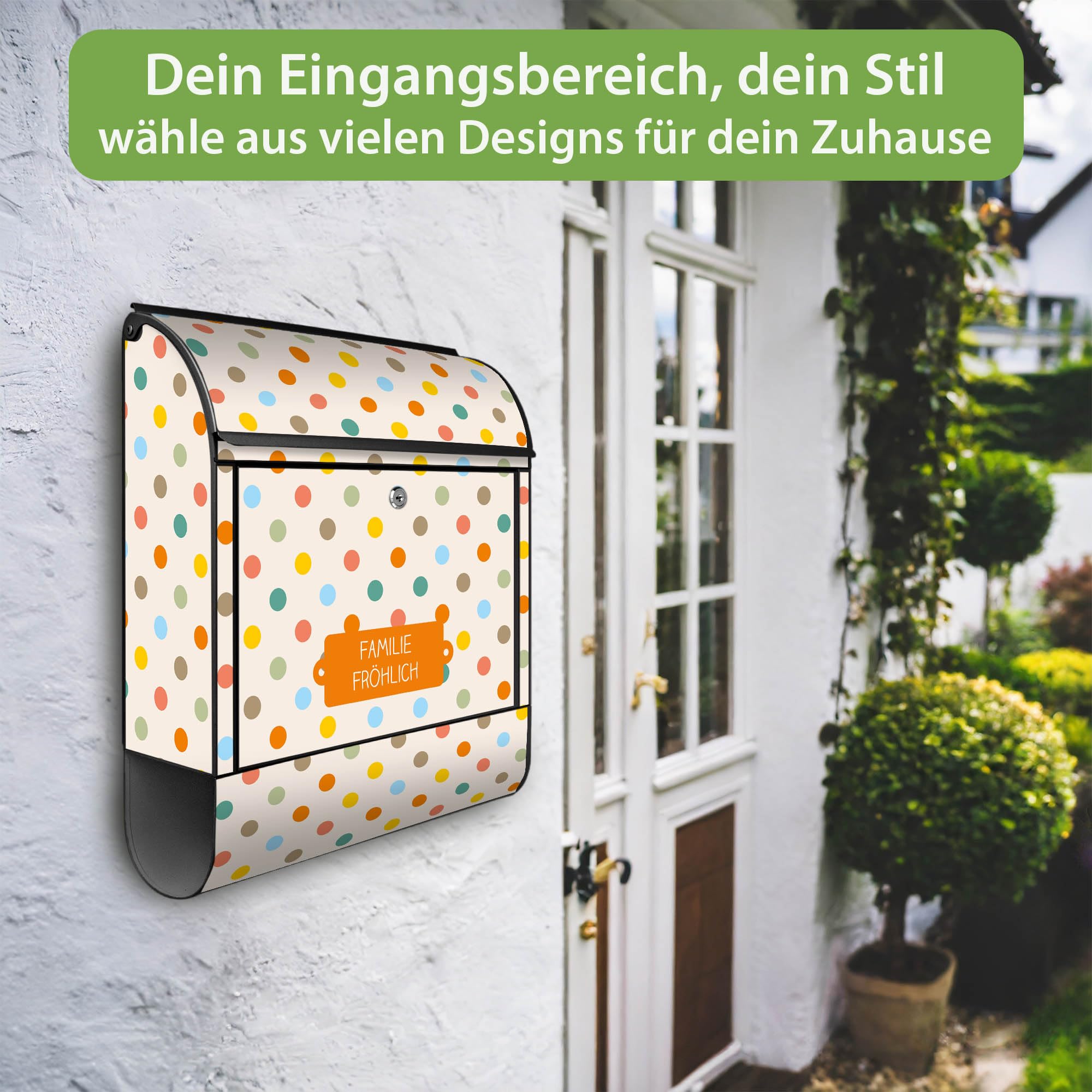 Banjado Briefkasten Bunte Punkte Postkasten Schwarz mit Name A4