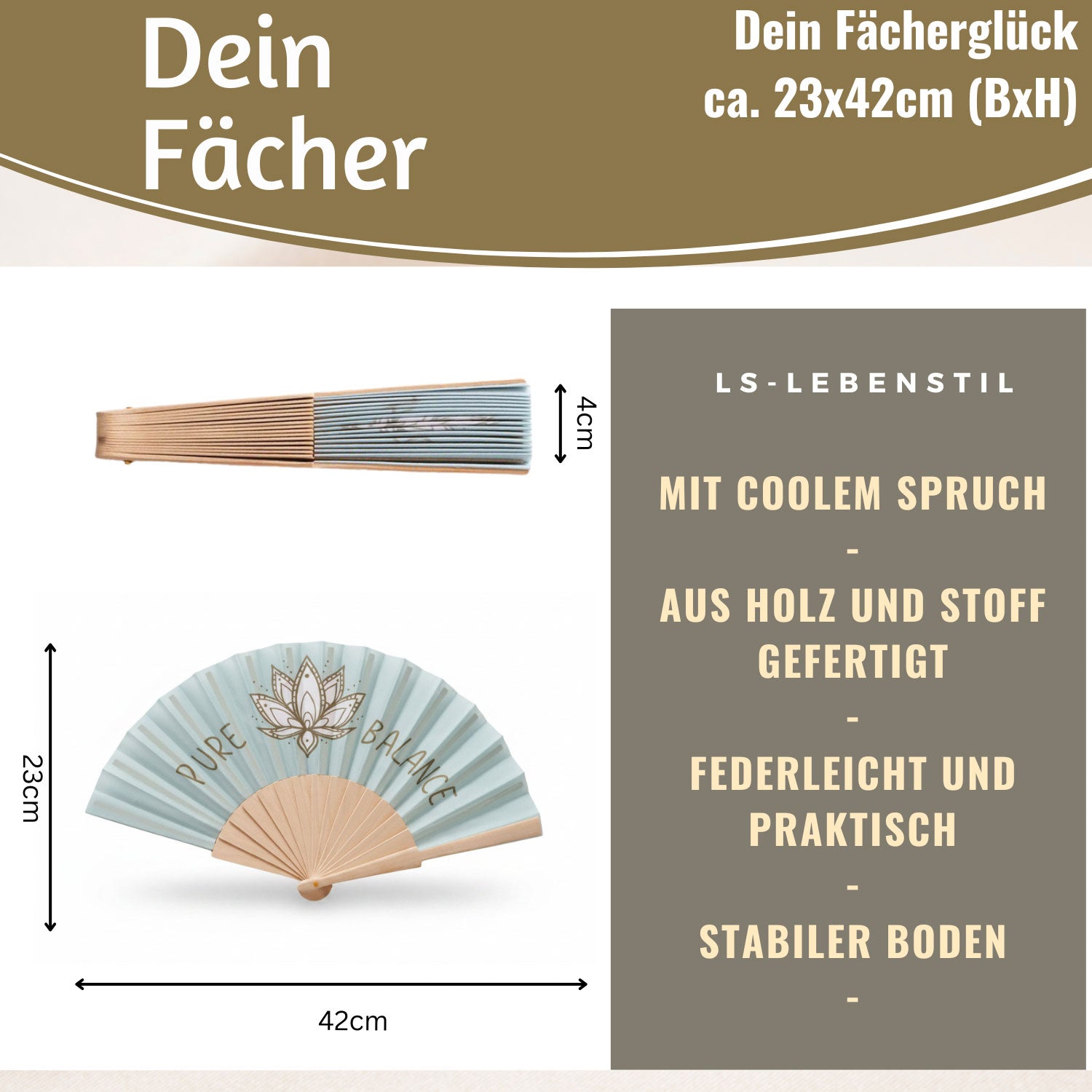 Handfächer Pure Balance Holz Stoff blau grau 42 cm faltbar