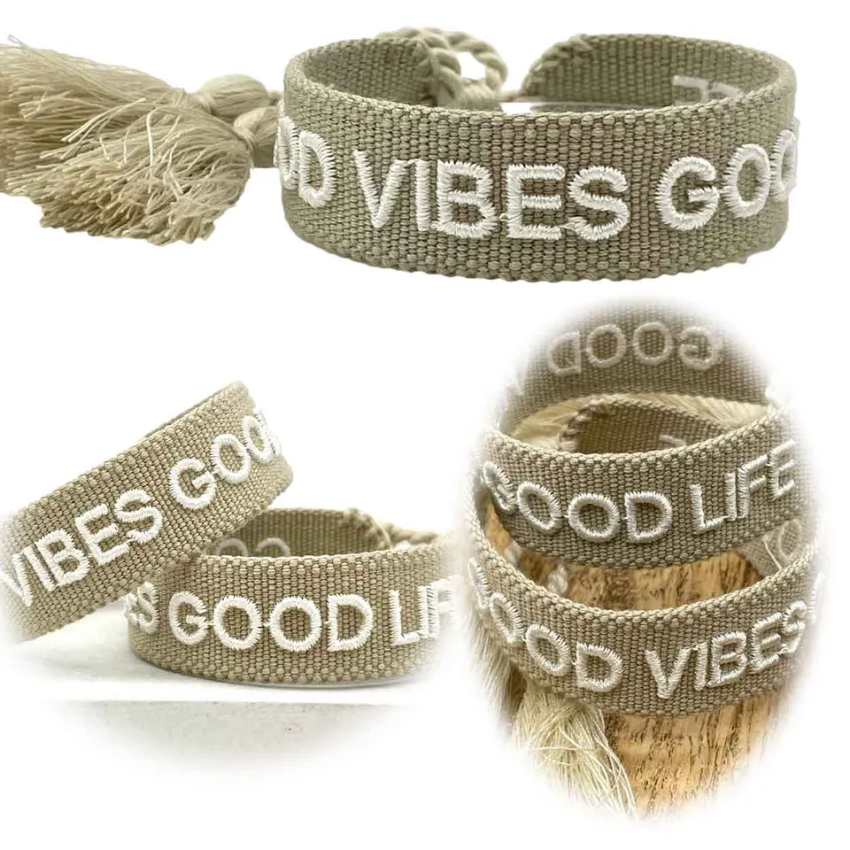 LS-LebenStil Good Vibes Canvas Armband Beige Weiß Quasten