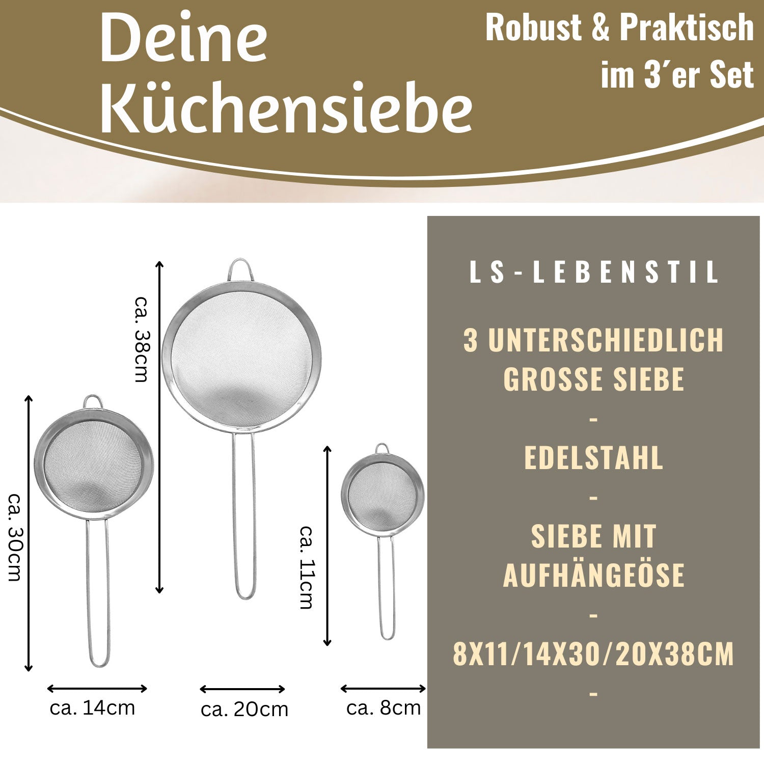 LS-LebenStil Küche & Haushalt Siebe Edelstahl 3er Set 8 14 20cm