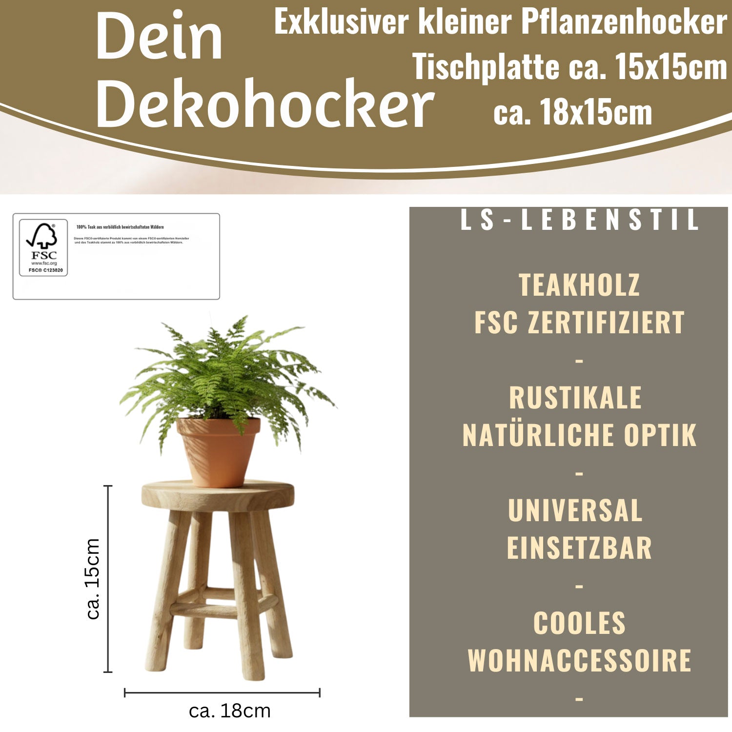 LS-LebenStil Möbel & Wohnen Pflanzenhocker Teak 18x15cm